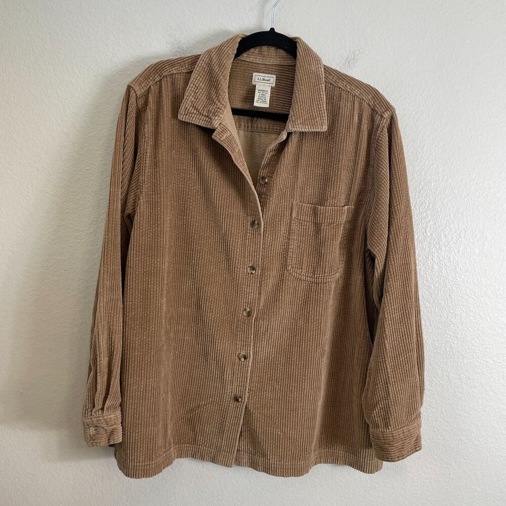 LL Bean Womens Large Corduroy Button Up Shirt Brown Cotton Long Sleeve